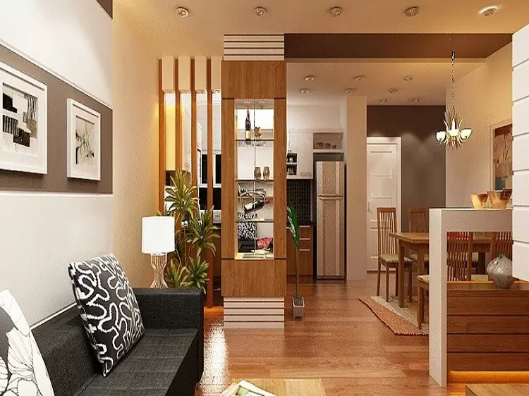 Mẫu trần thạch cao phòng khách 20m2, thiết kế liền bếp với nội thất gỗ ấm cúng